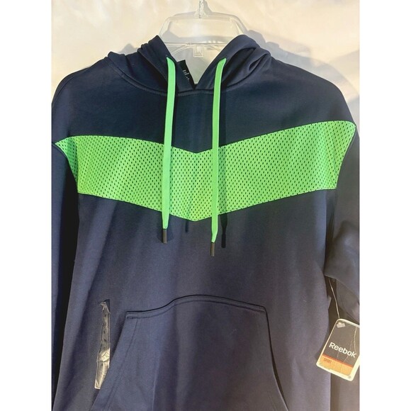 Reebok Small NWT Play Warm Pocketed Hoodie Navy W/green Performance Fleece - Picture 3 of 8
